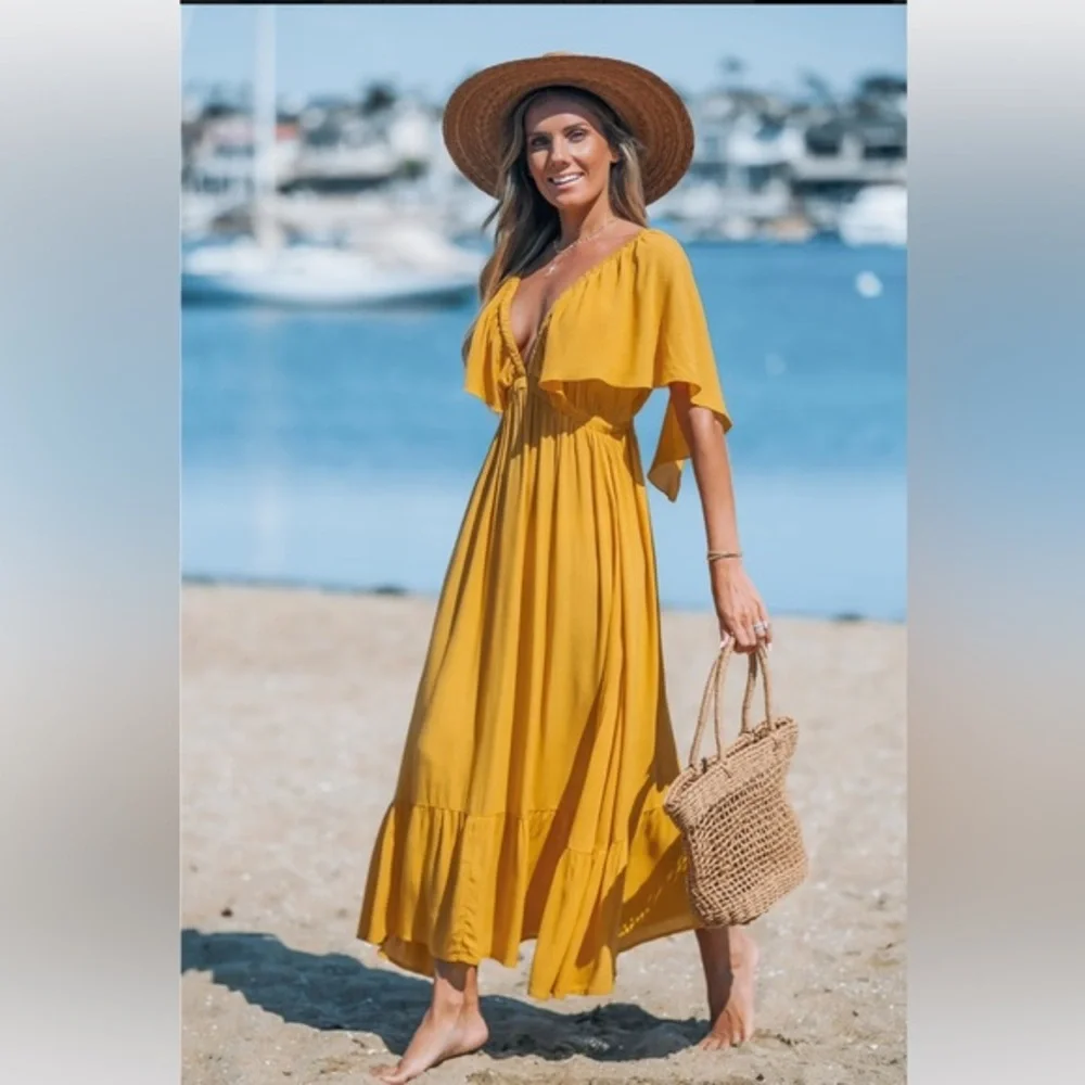 Sunflower Yellow Plunging Butterfly Sleeve Maxi Dress BOHO - Picture 4 of 12